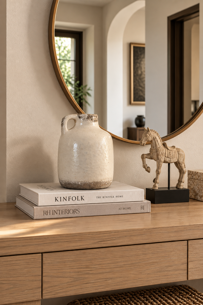 Mayenne Maison vintage cream handled ceramic jug styled on a light oak console