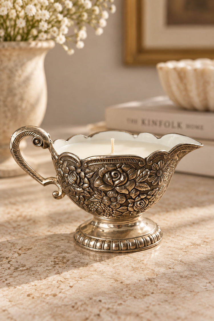Silver floral one-handled creamer candle with bergamot and sandalwood scented wax, 2:3 product photo