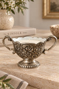 Two-handled silver floral sugar bowl candle with bergamot and sandalwood scented wax, 2:3 product photo