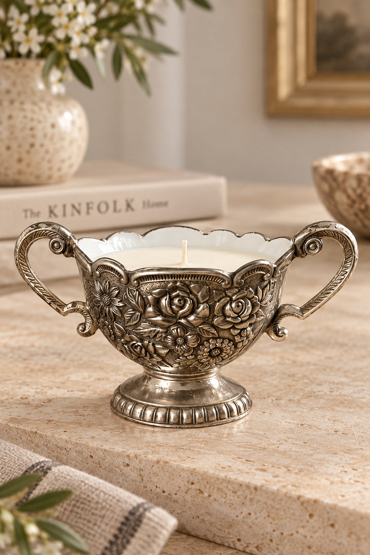 Two-handled silver floral sugar bowl candle with bergamot and sandalwood scented wax, 2:3 product photo