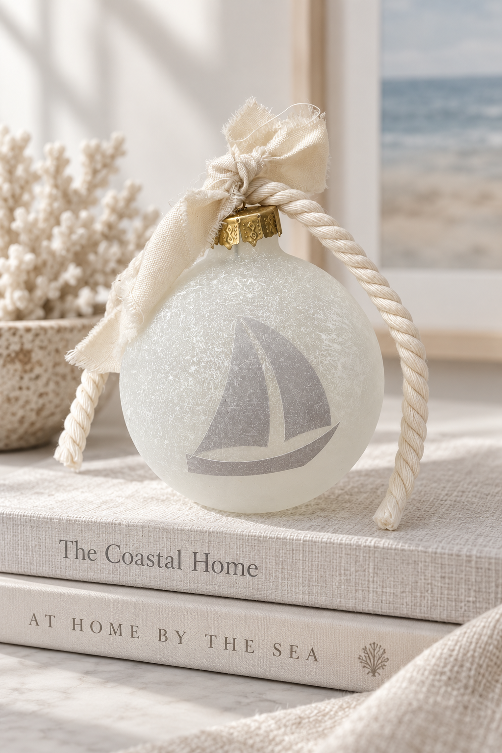 Mayenne Maison handcrafted weathered sailboat glass ornament
