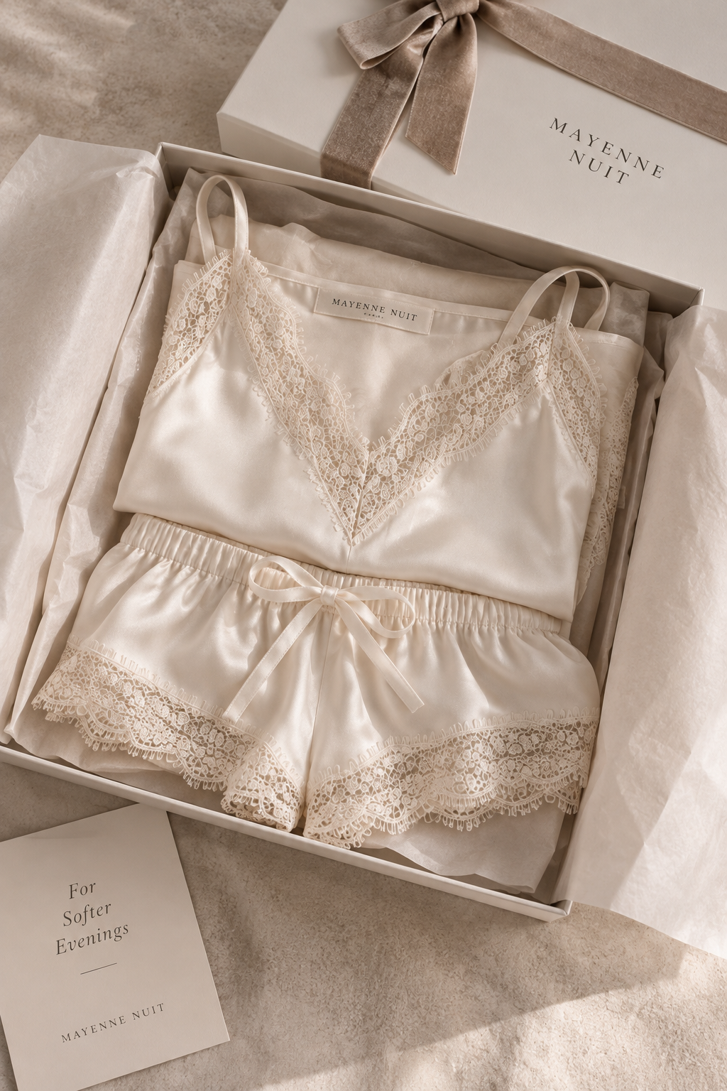 Mayenne Nuit off-white Mulberry silk camisole and shorts folded in luxury gift box; main product image