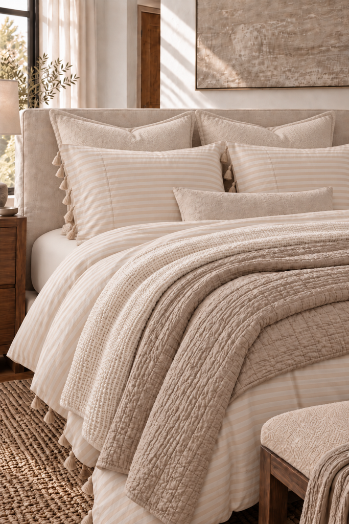 Mayenne Stripe Percale Duvet Cover layered with two neutral coverlets