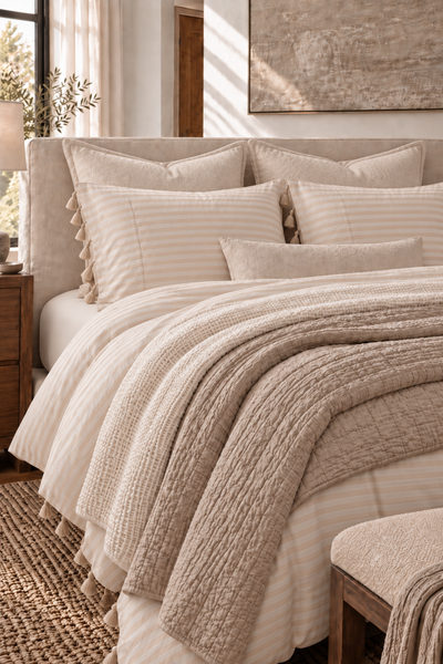 Mayenne Stripe Percale Duvet Cover layered with two neutral coverlets
