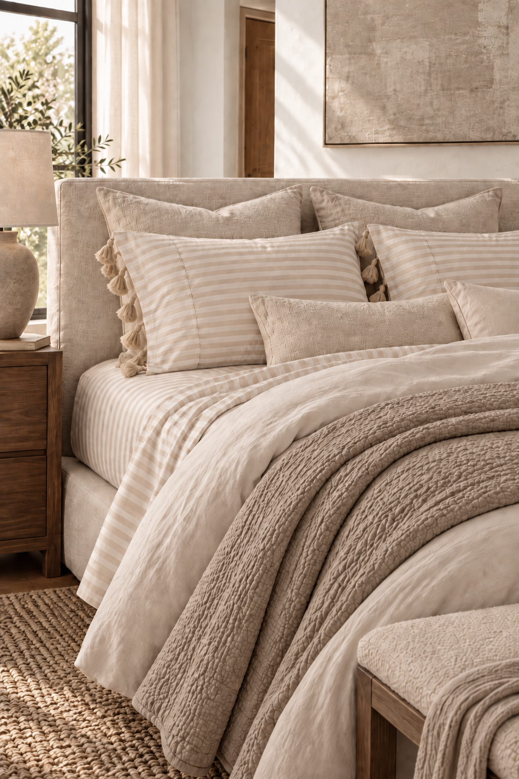 Mayenne Stripe Percale Sheet Set layered with neutral duvet and milk-coffee coverlet