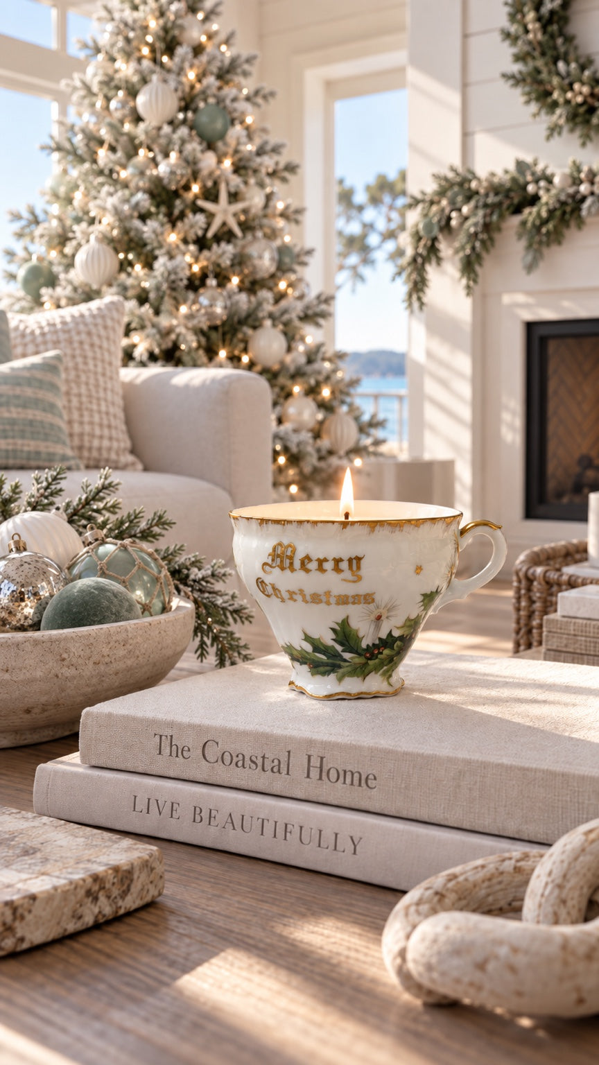 Merry Christmas vintage cup candle in a bright modern holiday interior