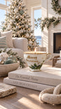 Merry Christmas vintage cup candle in a bright modern holiday interior