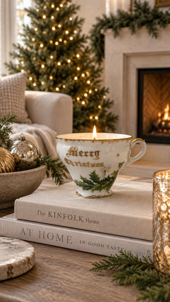 Merry Christmas vintage cup candle styled by a fireplace and Christmas tree