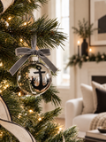 Mirror Glass Nautical Holiday Ornament with black anchor and gray velvet ribbon