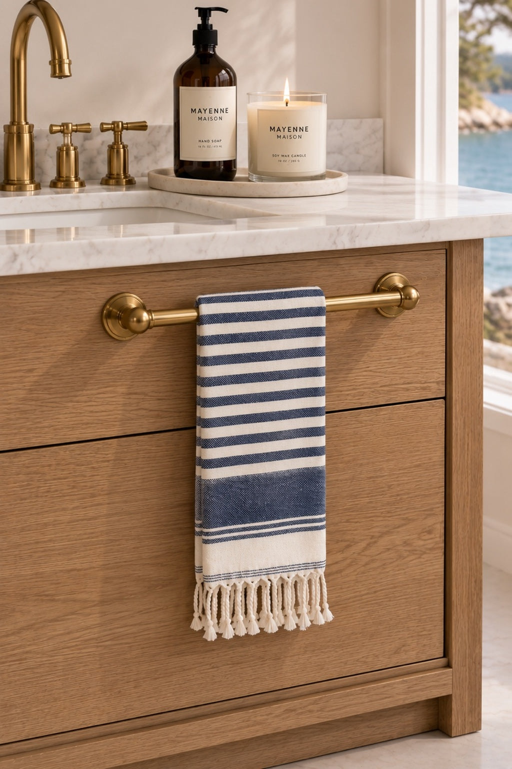Modern Mediterranean Blue Stripe Peshtamal Towel styled in a coastal bathroom