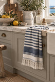 Modern Mediterranean Blue Stripe Peshtamal Towel styled in a coastal kitchen