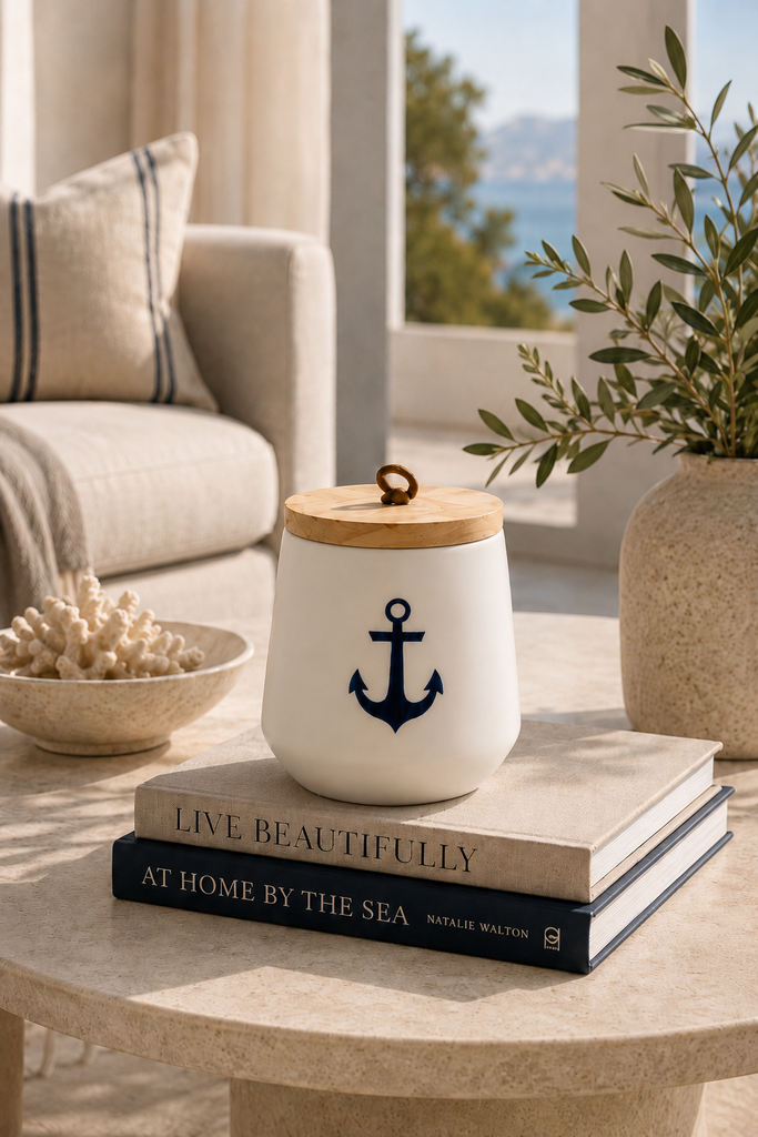 Navy anchor ceramic soy candle with natural wood lid styled in a modern coastal interior