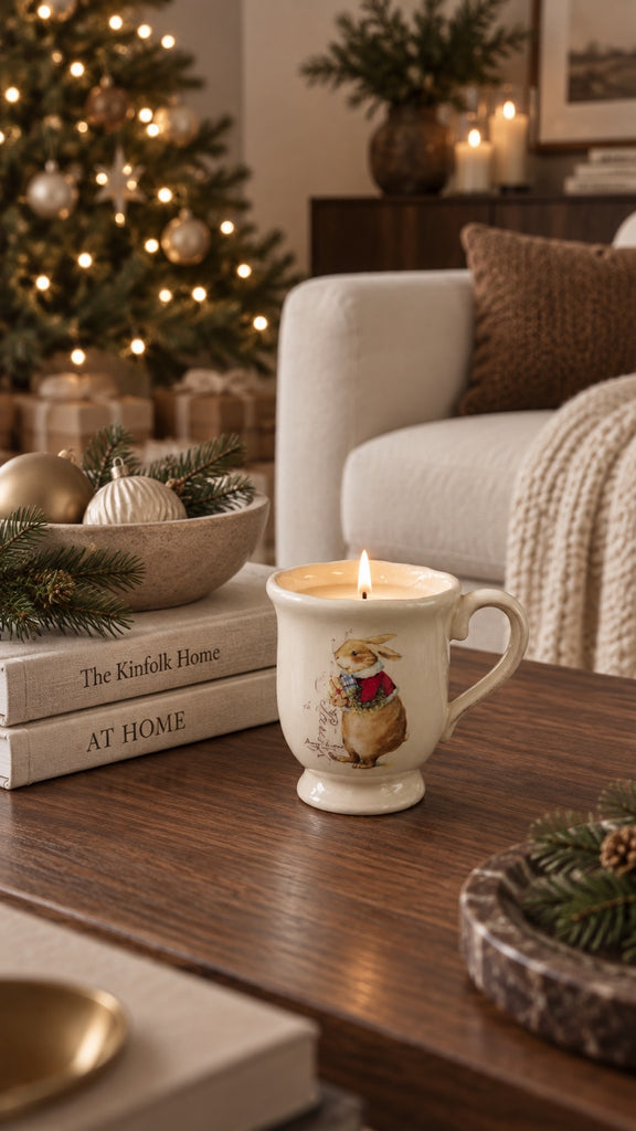 One-of-a-kind vintage bunny cup candle styled for the holidays