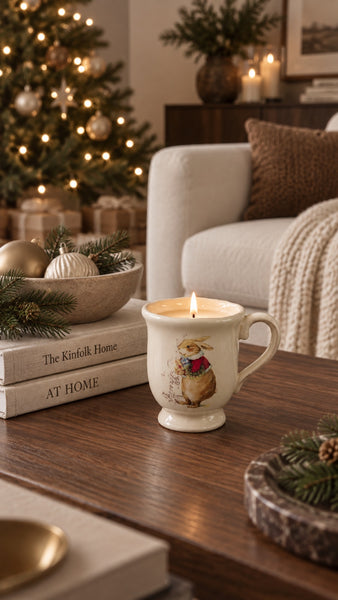 One-of-a-kind vintage bunny cup candle styled for the holidays