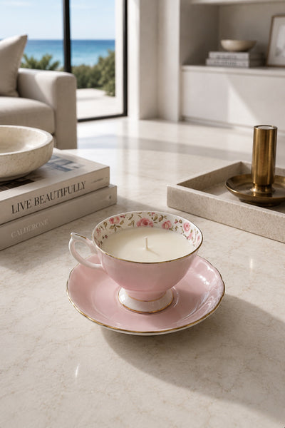 Pink rose china teacup and saucer soy candle in a refined coastal interior