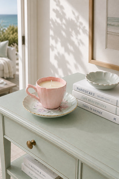 Pink teacup and floral saucer soy candle styled in a coastal interior