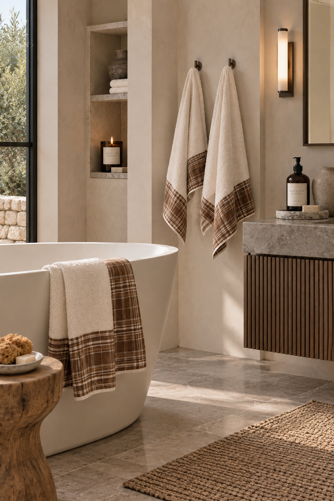 Mayenne Maison Plaid Trim Bath and Hand Towel Set styled in a modern neutral bathroom