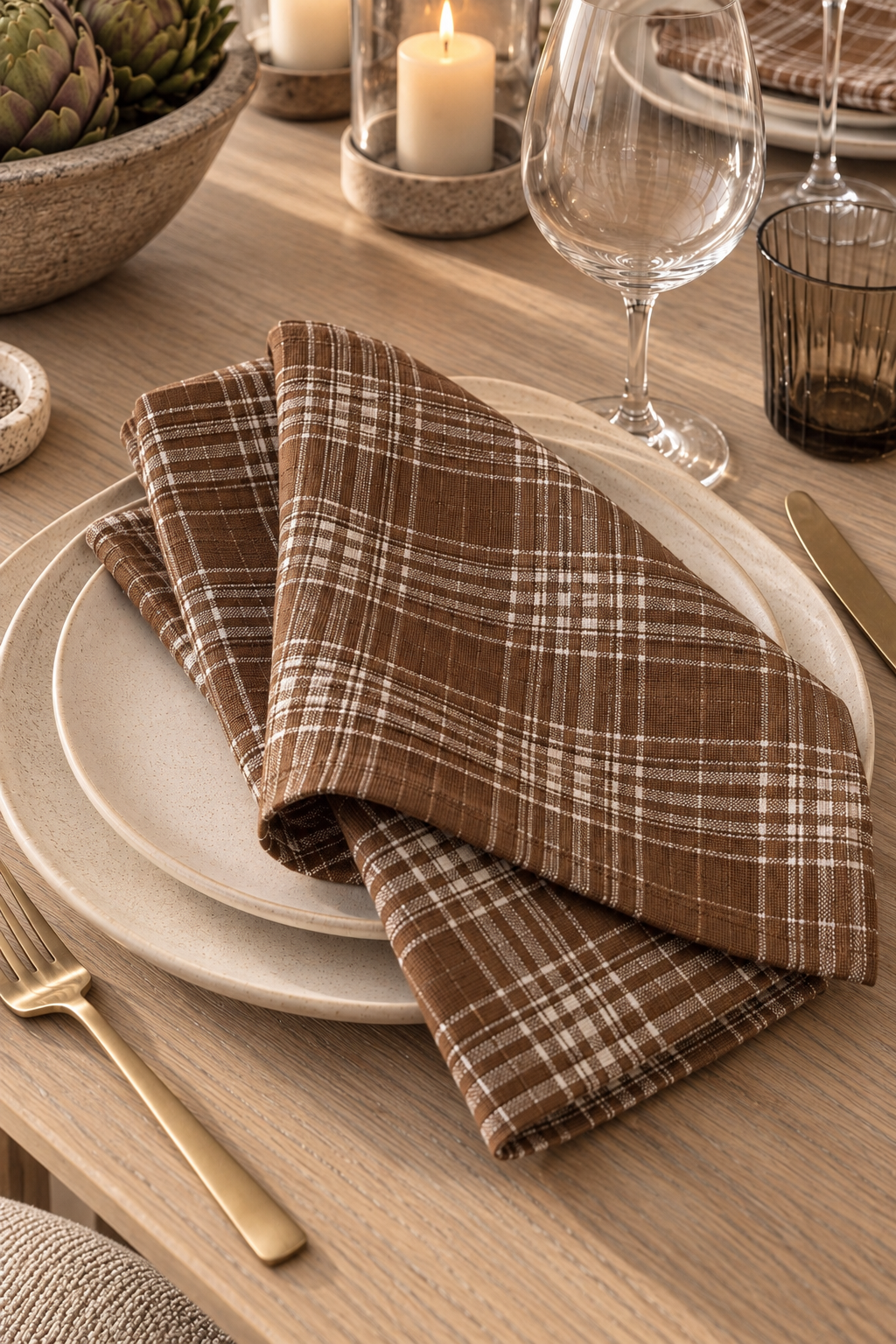 Tobacco plaid dinner napkins styled on a light washed oak table