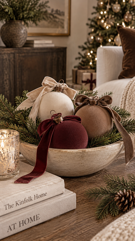Velvet holiday bells in burgundy, light brown taupe, and off-white with velvet ribbon