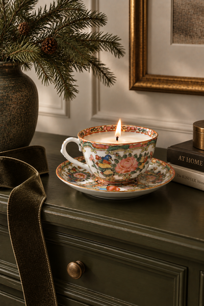 One-of-a-kind vintage floral and bird porcelain teacup candle
