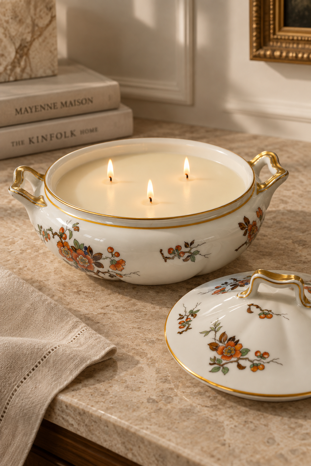 Vintage floral porcelain soup tureen soy candle open with three wicks