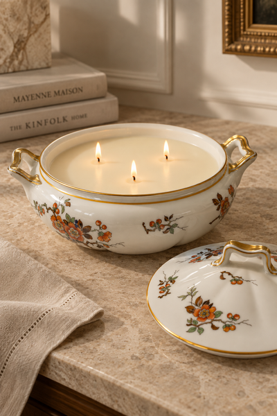 Vintage floral porcelain soup tureen soy candle open with three wicks