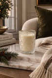 Vintage clear pressed glass sandalwood soy candle with gold rim