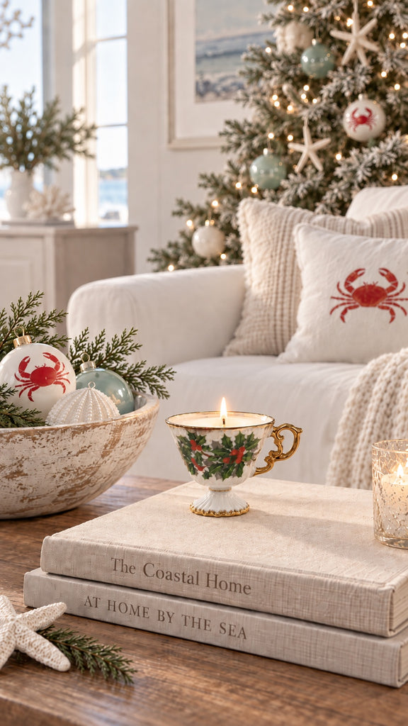 One-of-a-kind vintage holly footed porcelain cup candle