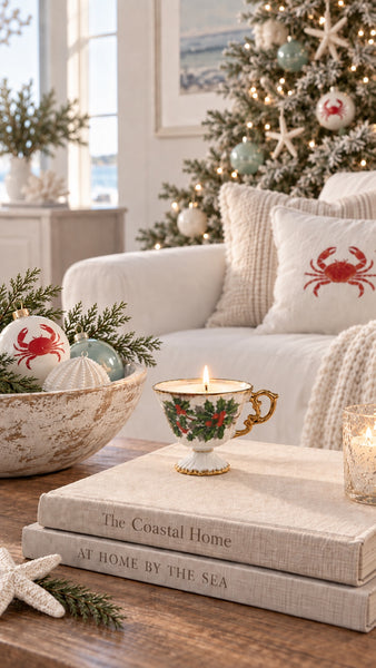 One-of-a-kind vintage holly footed porcelain cup candle