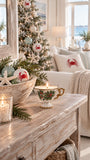 One-of-a-kind vintage holly porcelain cup candle styled for the holidays