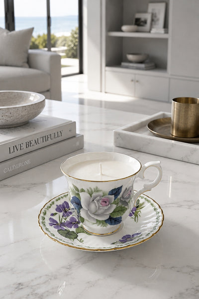 Vintage rose and violet floral teacup and saucer soy candle