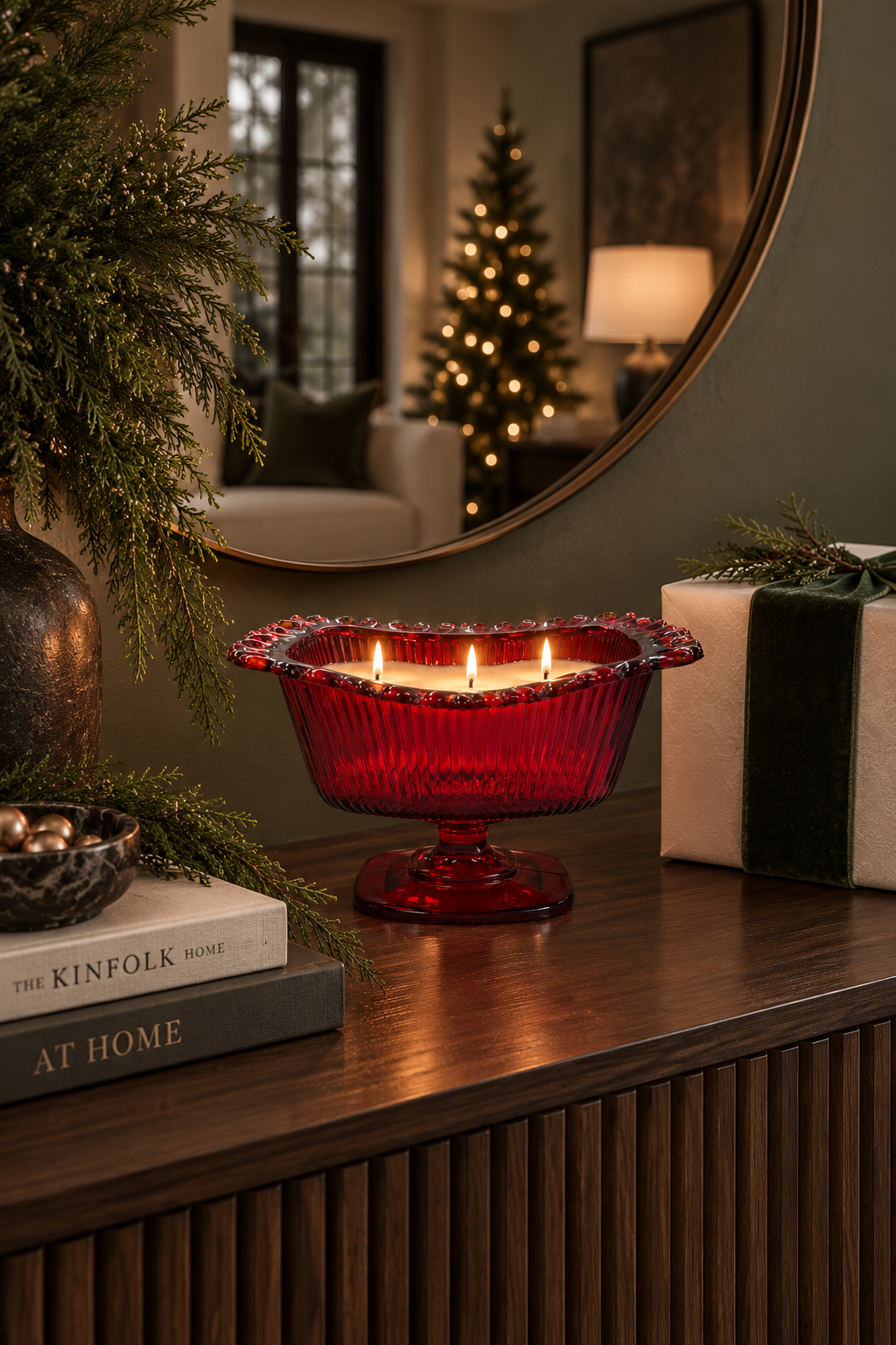 Vintage ruby red glass pedestal three wick candle