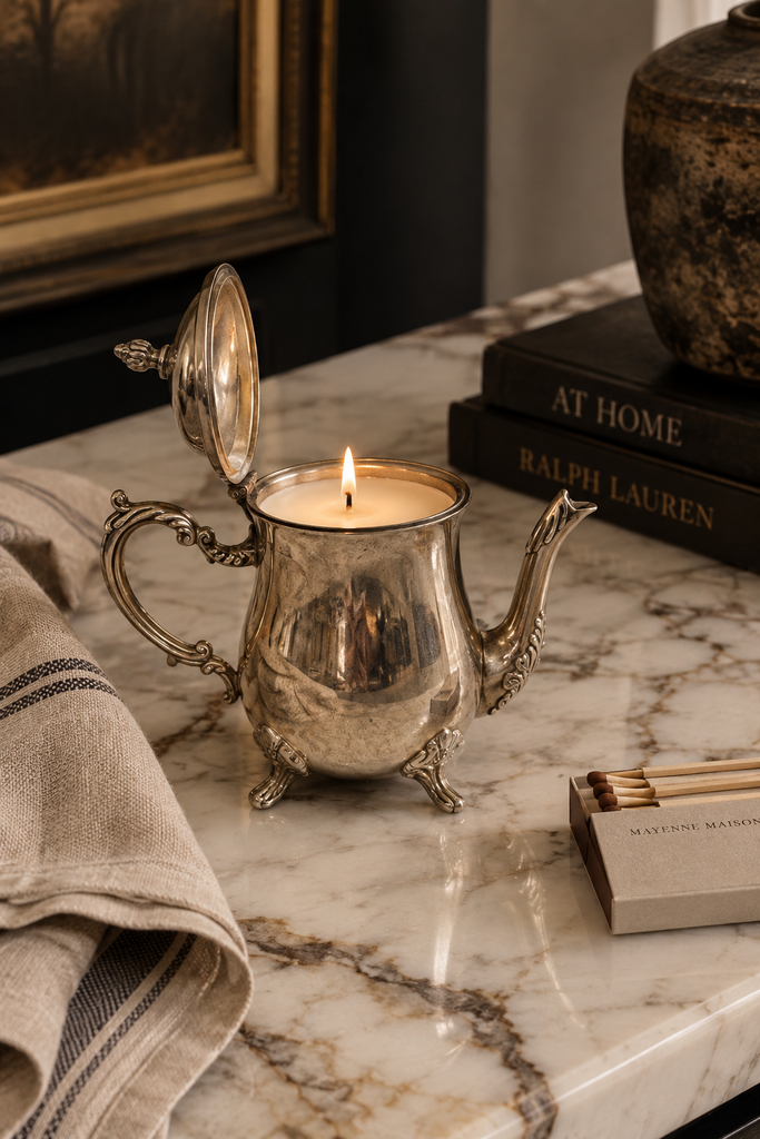 One-of-a-kind vintage sterling teapot candle