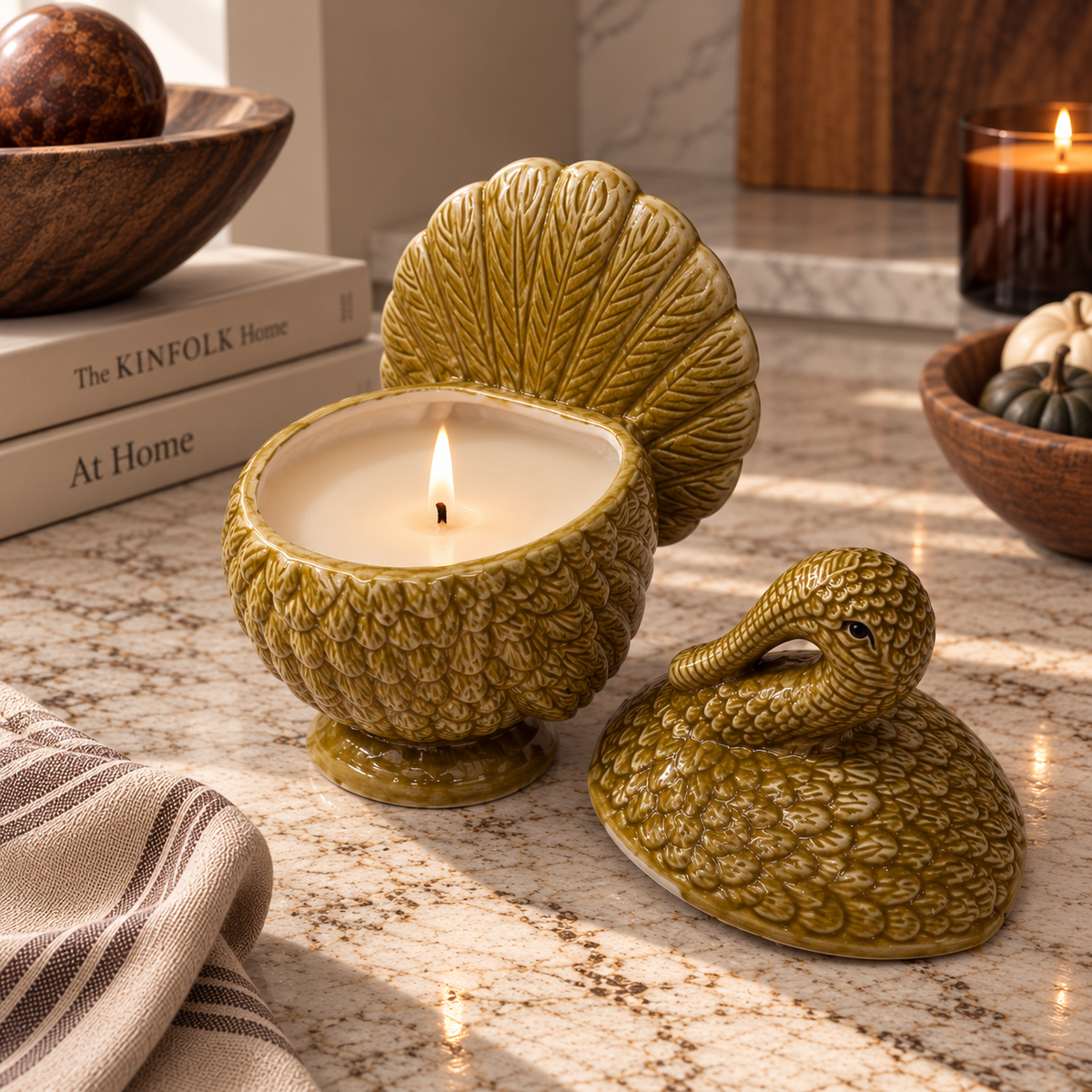 Vintage ceramic turkey cinnamon soy candle with one burning wick and its removable turkey-head lid