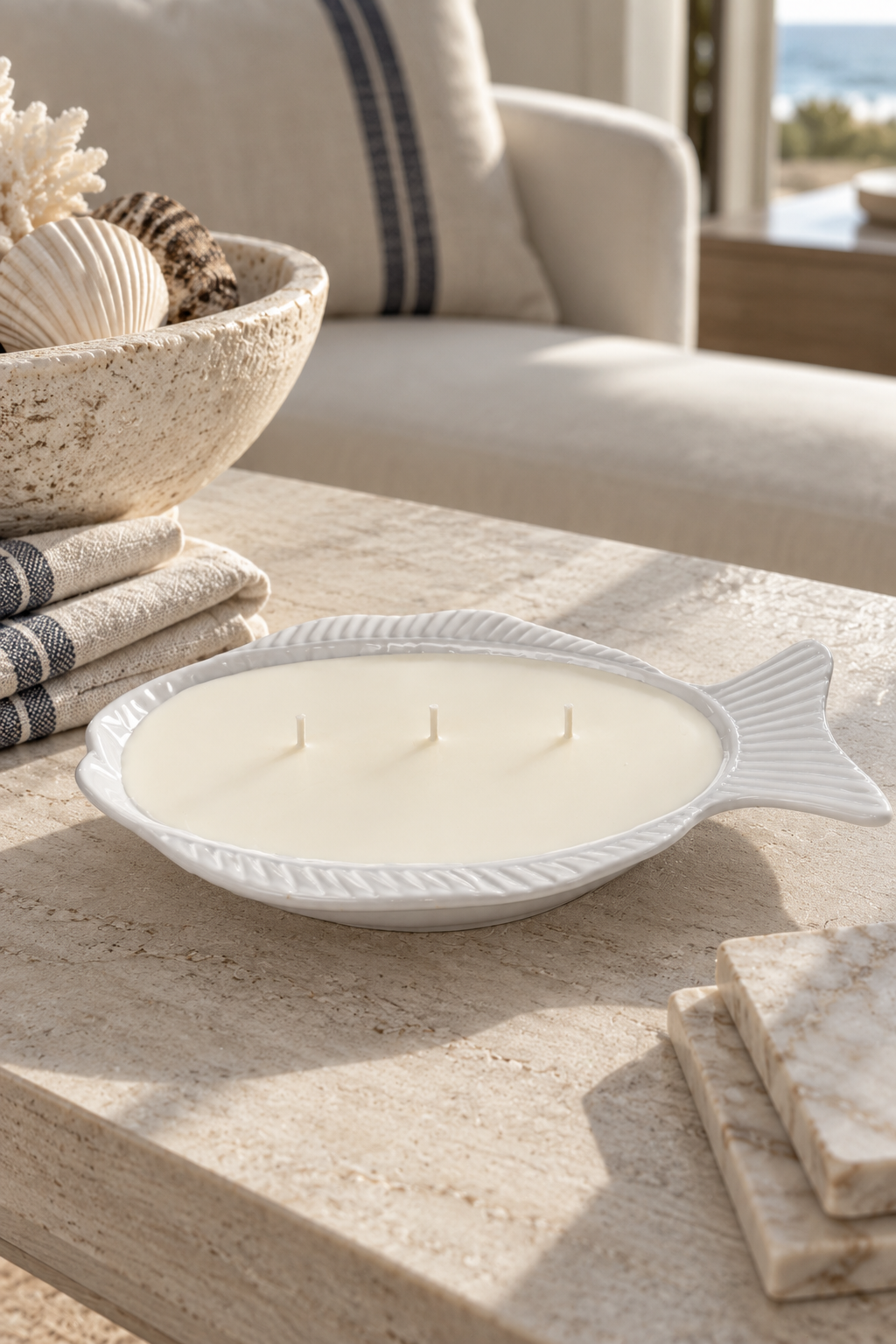 White fish shaped ceramic three wick sandalwood soy candle